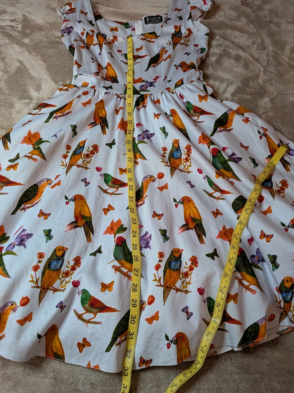 Blue Bird-Print Midi Dress - Classic Square Neck - Picture 11 of 14